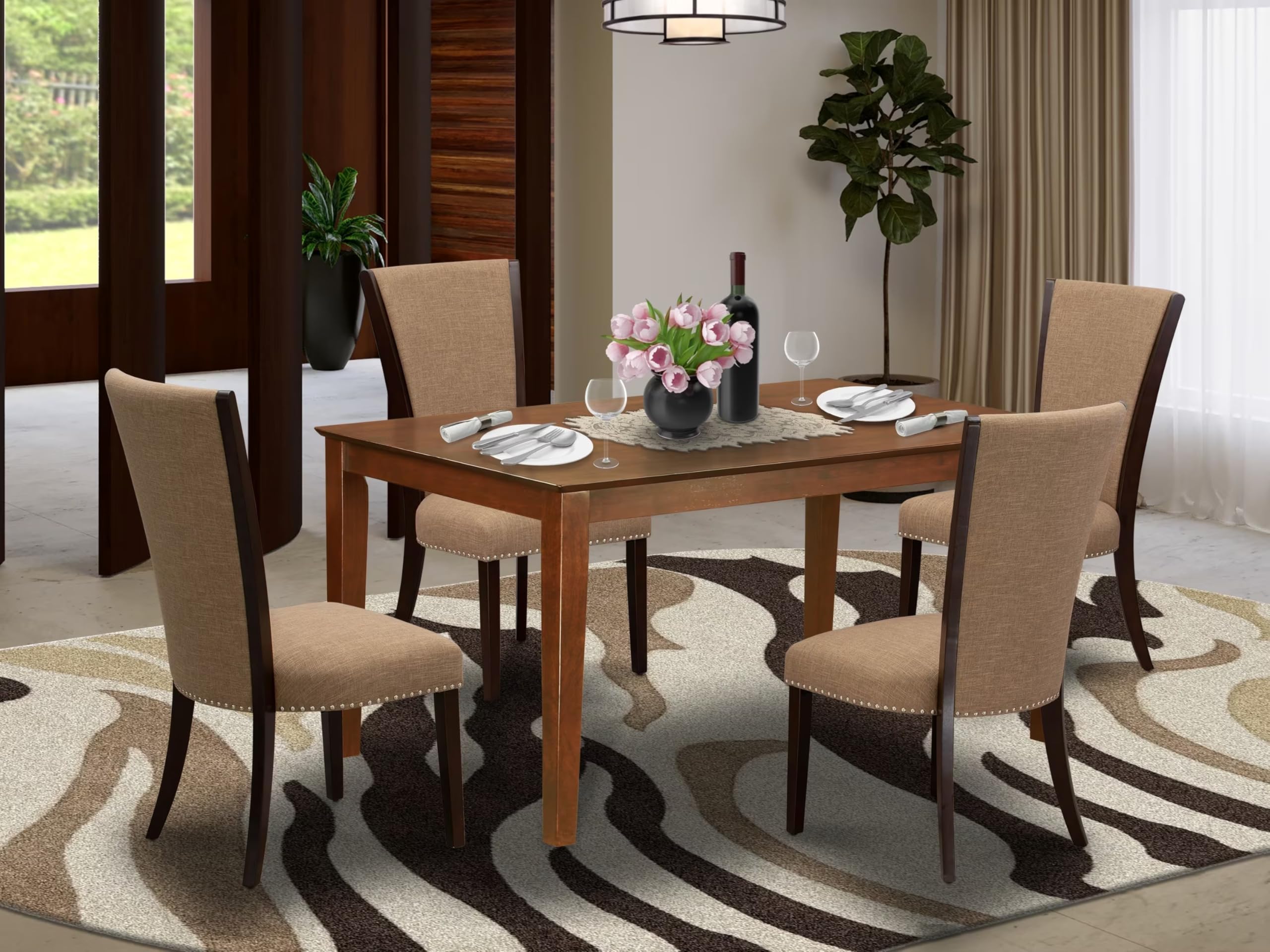 East West Furniture Cave5-Mah-47 5 Piece Dining Table Set For 4 Includes A Rectangle Kitchen Table And 4 Light Sable Linen Fabric Upholstered Parson Chairs, 36X60 Inch, Mahogany